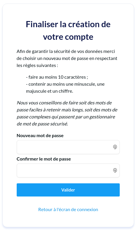 Formulaire de création de mot de passe