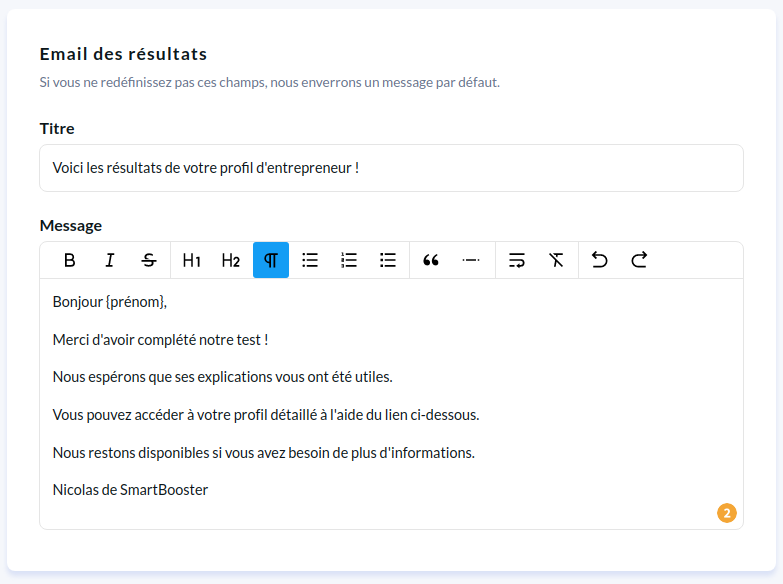 Personnalisation de l'email de résultat