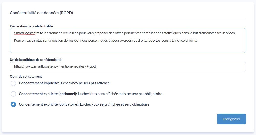 Paramétrage des mentions RGPD